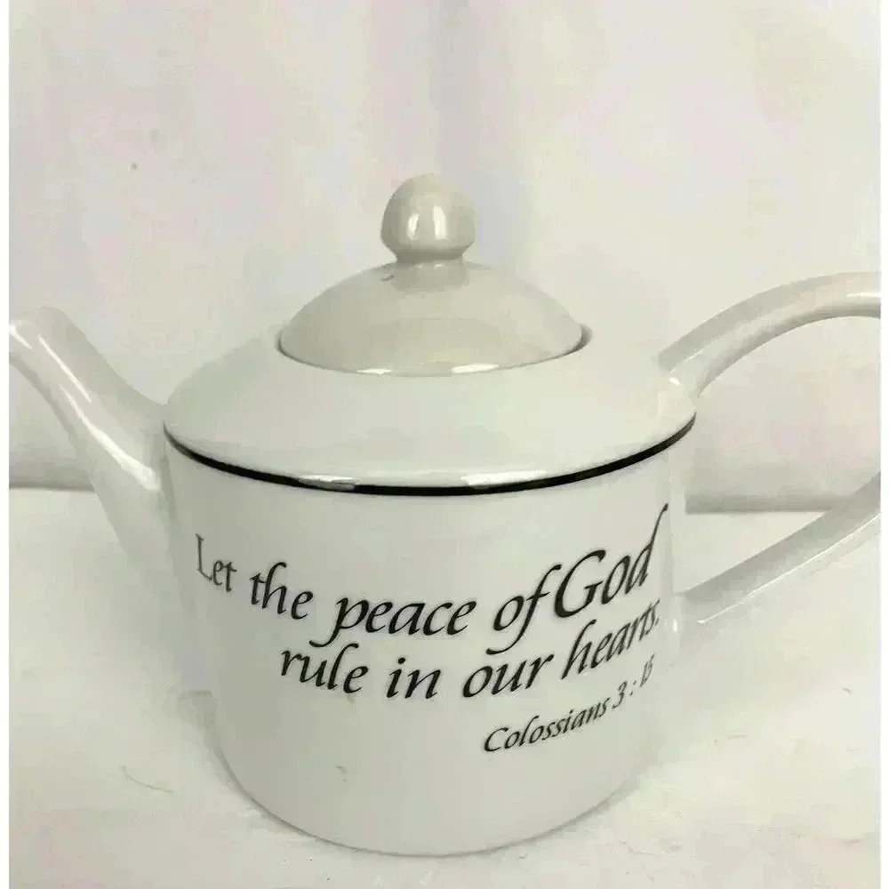 White Scripture Teapot Colossians 3:15‎ Peace of God Rule Hearts Microwave Safe